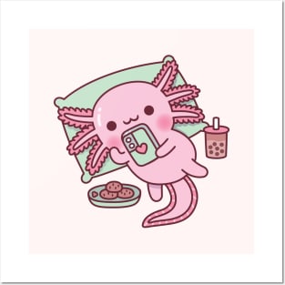 Cute Axolotl Chilling With Handphone Boba Tea And Cookies Posters and Art